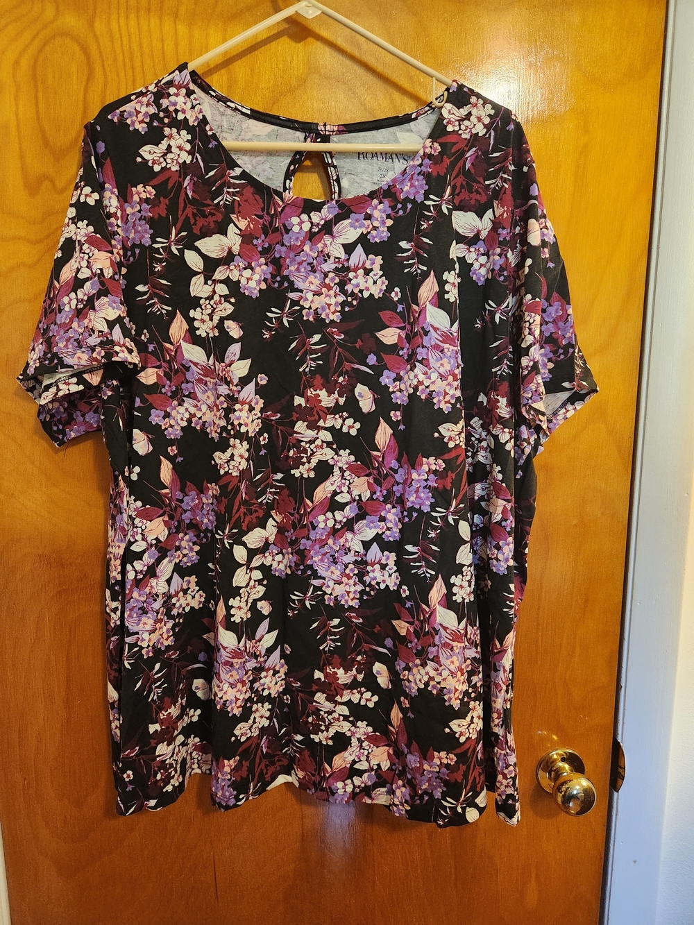 Roaman's Black Floral Short-Sleeve Tunic with Pink & Purple Blossoms